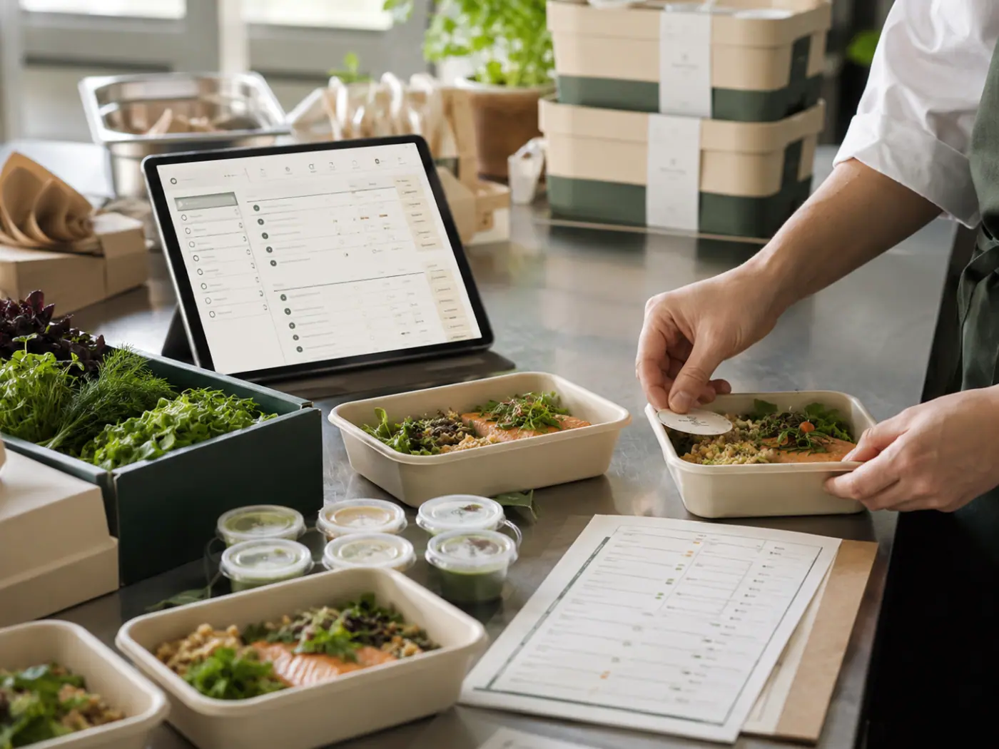 Køkkenunderlag og pakkeliste med specialkost og allergener