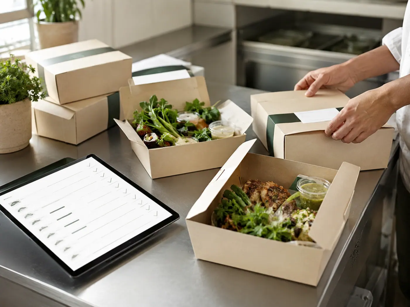 Cateringordre klar til levering i køkken med pakning og produktionsunderlag